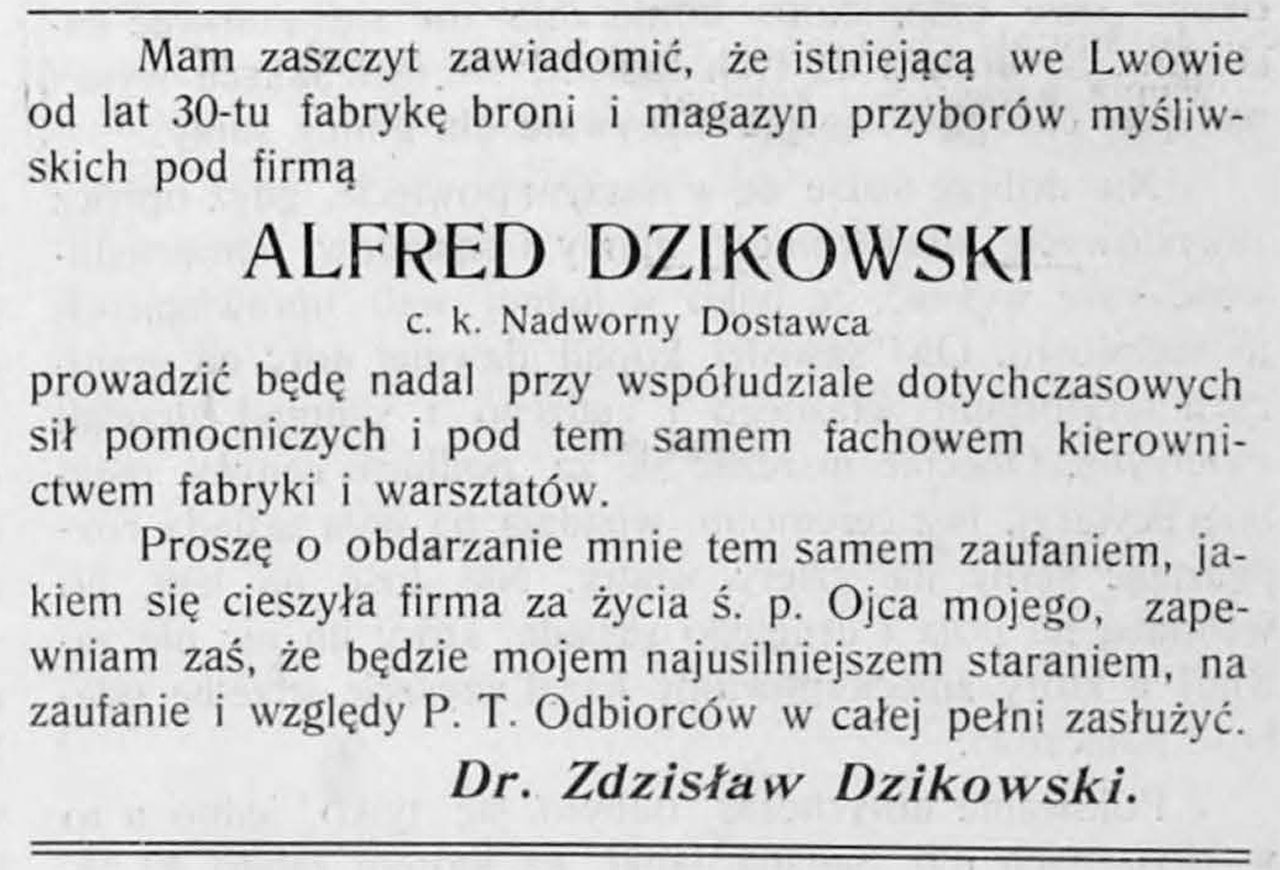 Оголошення доктора Здіслава Дзіковського, сина Альфреда Дзіковського.
