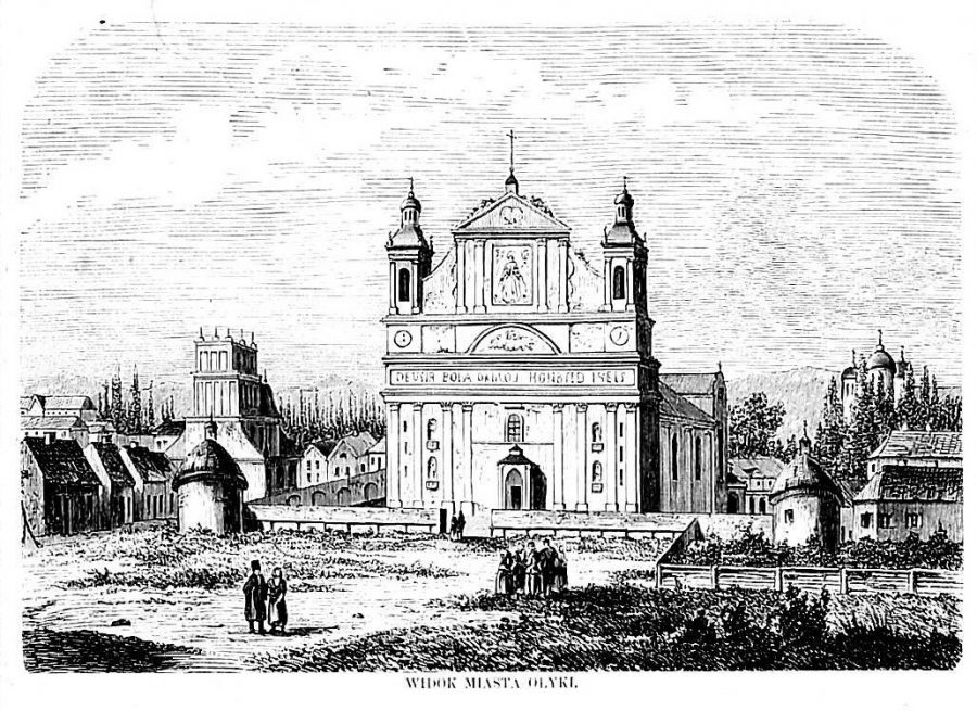 Вигляд міста Олики. Ліворуч - ратуша, по центру - католицький Колегіальний костел Святої Трійці, праворуч - церква Святої Трійці, знищена у 1871 році . Малюнок 19 століття, невідомий автор