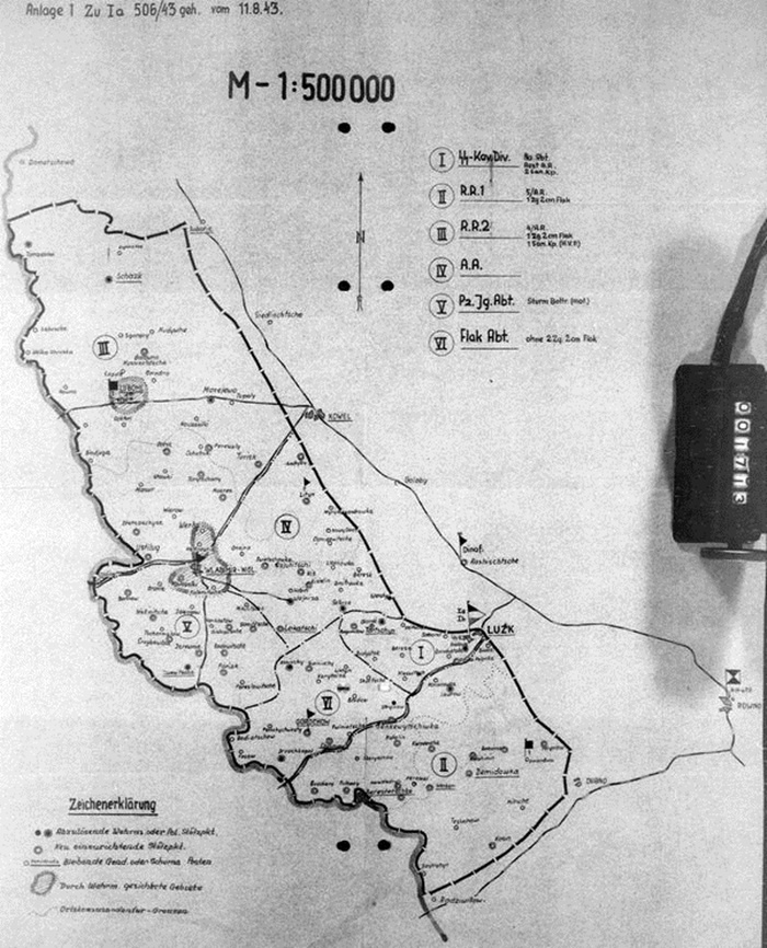 Мапа від 11 серпня 1943 року, на якій зображені потенційні місця дислокації кавалерійської дивізії СС на Волині. Проте в дійсності далеко не всі частини дивізії досягли місць призначення