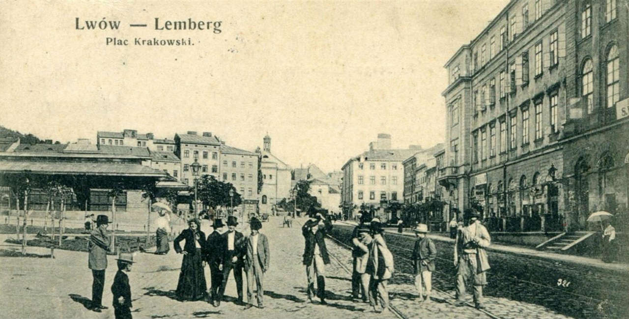 Краківська площа, вид від пл. Голуховських ( нин. пл. Торгова ), поштівка, поч. XX ст.