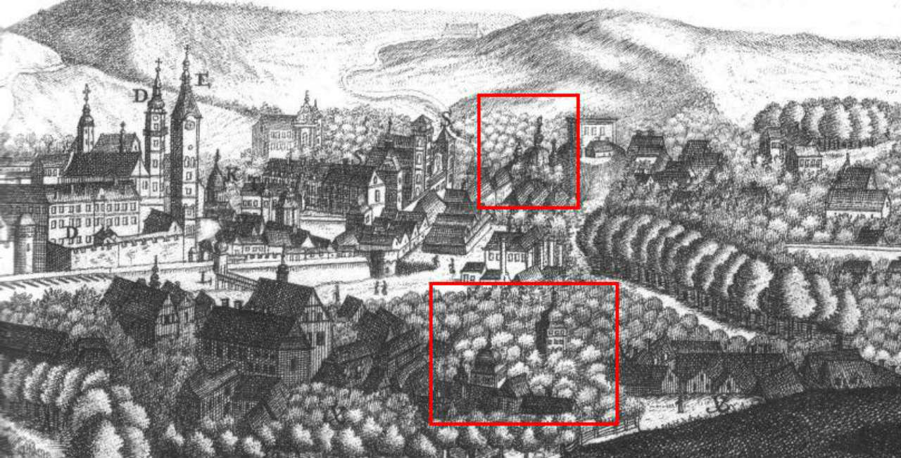 Церква Богоявлення (вгорі) та Благовіщення. Фрагмент панорами Львова 1772 року