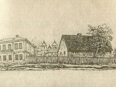 Будівлі притулку для убогих Святого Лазаря з нинішньої вулиці Колесси. Рисунок Францішека Ковалишина початку XX сторіччя