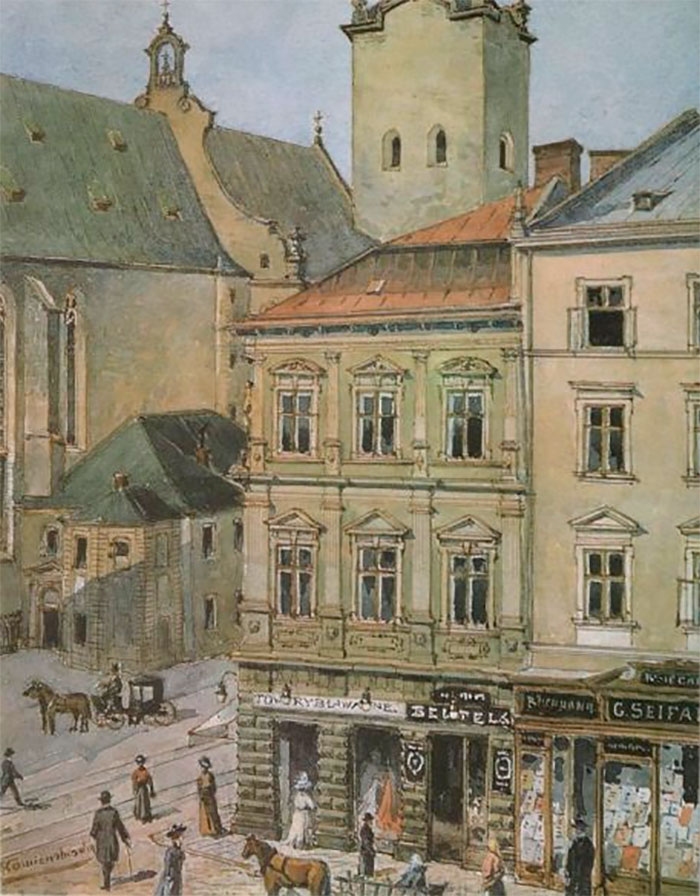 Південно-західний ріг пл.Ринок. Акварель А. Каменобродського. Поч. XX ст. ЛІМ