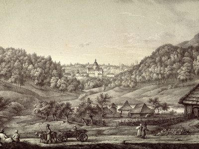 Пліснесько. Початок ХІХ ст. З альбому А.Ланге "Zbiór naypięknieyszych i nayinteresownieyszych okolic w Galicyi: Sammlung der schönsten und interesāntesten Gegenden von Galizien".