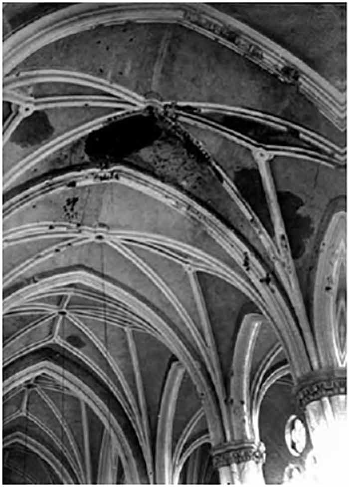 Вигляд однієї зі стін святині храму св. Ельжбєти у Львові перед початком реставраційних робіт (1991 р.).