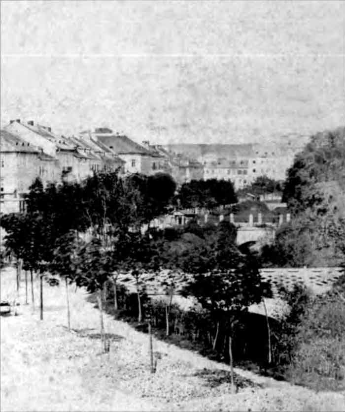 Львів, Містки через Полтву на Гетьманських Валах (пр. Свободи). Фрагмент фото 1870-х років.