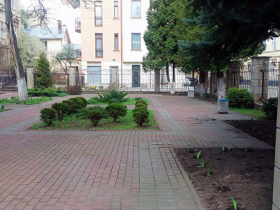 Львів, вул. Туган-Барановського 10. Невелика клумба перед фасадом будинку.