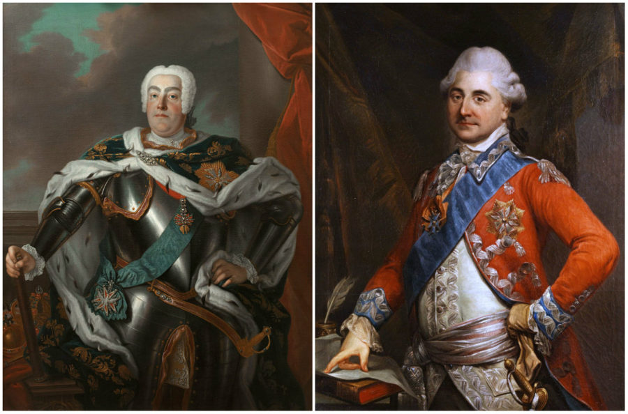 Ліворуч "Портрет Августа ІІІ" Луї де Сільвестра; праворуч "Портрет Станіслава Августа Понятовського" Марчелло Бочареллі