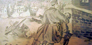 Четар Купчинський виносить пораненого стрільця. Малюнок Едварда Козака