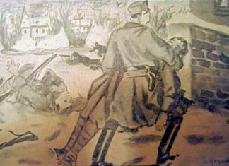 Четар Купчинський виносить пораненого стрільця. Малюнок Едварда Козака