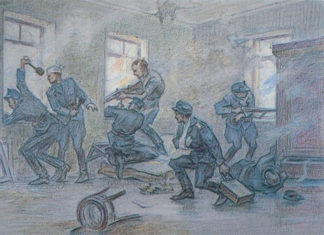 Стрільці у квартирі. Малюнок Леоніда Перфецького.