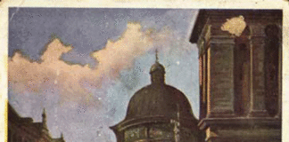 Листівка з малюком Пстрака. Вид на вулицю Руську і Успенську церкву