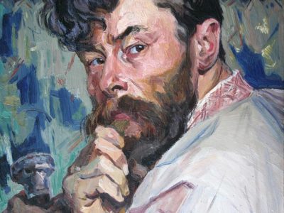 Олекса Новаківський. Автопортрет (із пензлем), 1911 рік Картон, олія. 51,7 х 40,7. Зі збірки Національного музею у Львові ім. Андрея Шептицького.