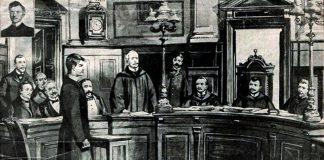 Мирослав Січинський перед судом, малюнок із краківського часопису Nowoѕ’ci Illustrowane від 4 липня 1908 року