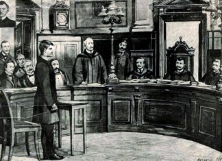 Мирослав Січинський перед судом, малюнок із краківського часопису Nowoѕ’ci Illustrowane від 4 липня 1908 року