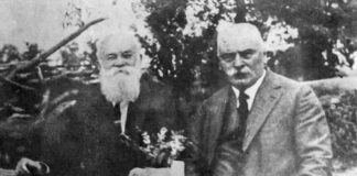 Михайло Грушевський (ліворуч) і Кирило Студинський. Рибний заповідник в Кононче, 9 червня 1927 року