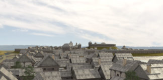 Звенигород за часів Володимирка у XII-XIII ст. Реконструкція Андрія Хархаліса. Джерело: Історико-культурний парк "Древній Звенигород".