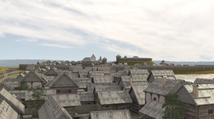 Звенигород за часів Володимирка у XII-XIII ст. Реконструкція Андрія Хархаліса. Джерело: Історико-культурний парк "Древній Звенигород".