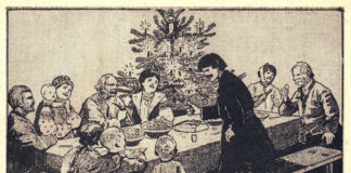 Різдвяна трапеза. 1920-ті рр. Рисунок О. Куриласа (з книги М.Батога "Вовківська земля")