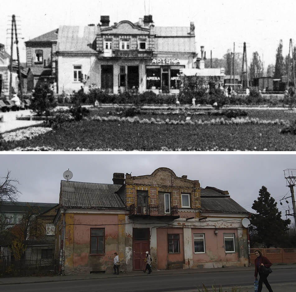 Будинок, в якому була аптека поруч із колишнім сквером Понятовського. Скверу давно немає, а будинок зберігся