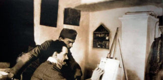 Осип Курилас за мольбертом під час служби в Легіоні Січових Стрільців.