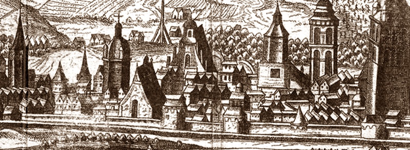 Високий мур з вежами на фрагменті панорами Гогенберга 1608 року