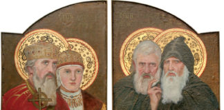 Свв. Володимир і Ольга. Свв. Антоній і Теодосій Печерські. Фрагмент іконостаса з церкви Св. Миколая у Золочеві. 1911 р. Худ. М. Сосенко. Полотно, олія.