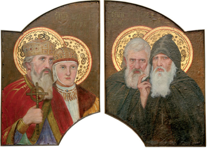 Свв. Володимир і Ольга. Свв. Антоній і Теодосій Печерські. Фрагмент іконостаса з церкви Св. Миколая у Золочеві. 1911 р. Худ. М. Сосенко. Полотно, олія.