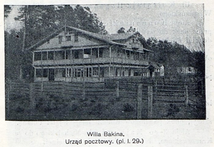 Поштове відділення у віллі Бакіна біля залізничної станції, ілюстрація із Uzdrowisko leśne Brzuchowice koło Lwowa z planem sytuacyjnym, 1914 рік.