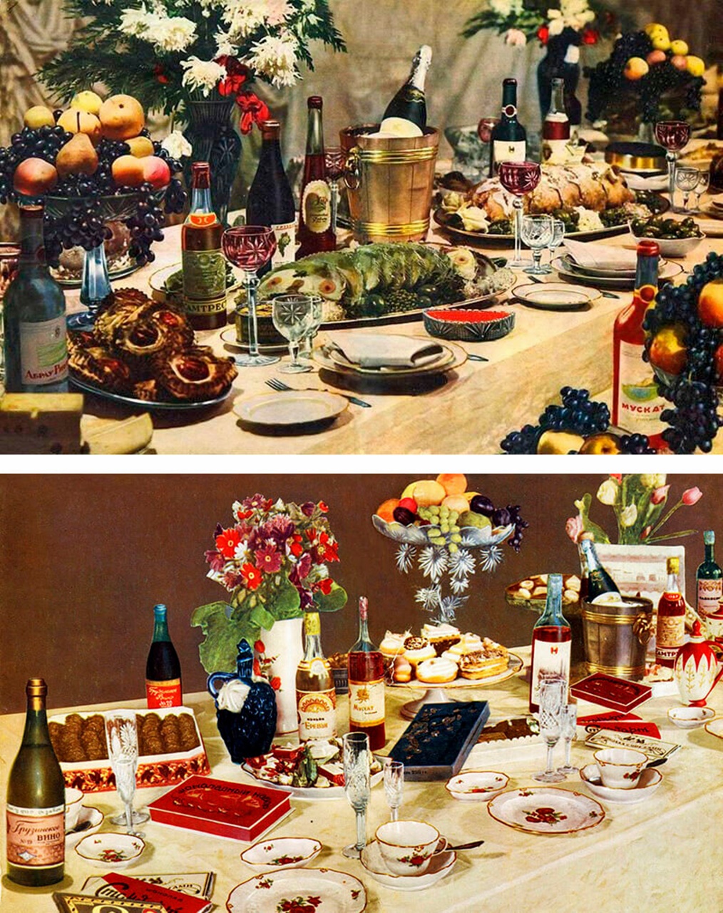 Так за версією “Книги” мав виглядати новорічний стіл радянських людей. Угорі – стіл для банкету, внизу – десертний 