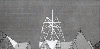 Януш Вітвіцький. Конкурсний проект павільйону міста Львова на Крайовій виставці в Познані. Вид на павільйон вночі