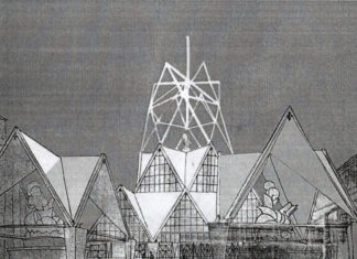 Януш Вітвіцький. Конкурсний проект павільйону міста Львова на Крайовій виставці в Познані. Вид на павільйон вночі