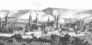 Панорама Львова із зображенням будівлі Загального шпиталю (колишнього колегіуму піярів). Рисунок початку ХІХ ст.