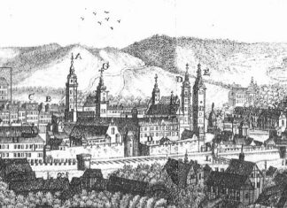 Панорама Львова із зображенням будівлі Загального шпиталю (колишнього колегіуму піярів). Рисунок початку ХІХ ст.