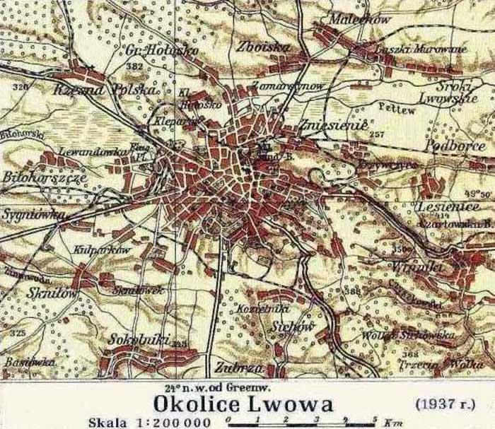 Мапа околиць Львова, 1937 р. Джерело: Вікімедіа