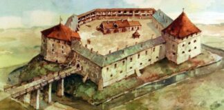 Клеванський замок на малюнку історика і художника-реконструктора Збігнєва Щепанека з альбому “Замкі на Кресах”, виданого в 2008 році