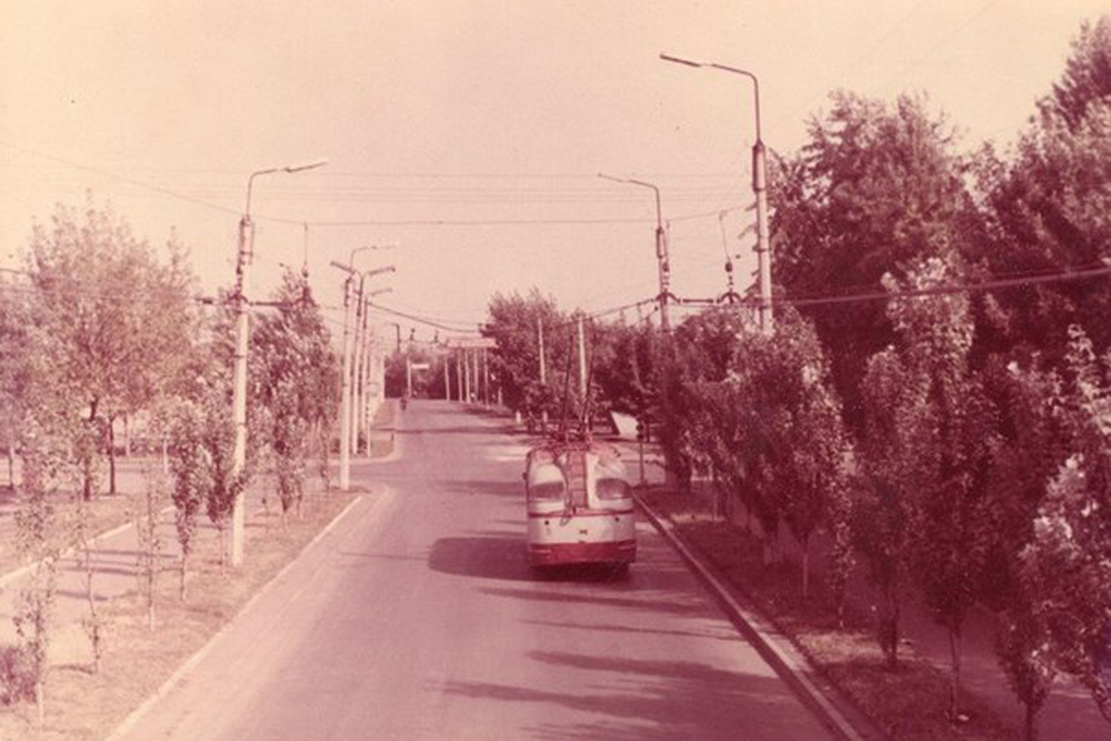 Тролейбус «Київ-5ЛА» на проспекті Перемоги у Добропіллі на Донеччині – в цьому місті тролейбуси на базі кузовів ЛАЗ-695Е працювали довше всього – до 1977 р.