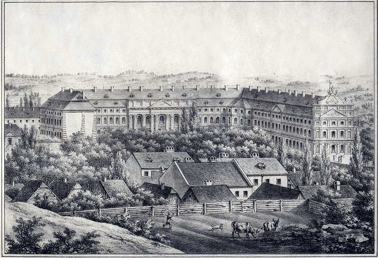 Колегія Піярів, Загальний шпиталь у Львові. Літографія К.Ауера, біля 1830-1835 рр. Походить із фондів Львівського історичного музею.
