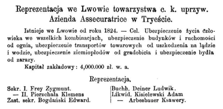 Оголошення у «Шематизмі» 1876 року. Джерело: Szematyzm Królestwa Galicyi i Lodomeryi z Wielkiem Ksie̜stwem Krakowskiem na rok 1876.