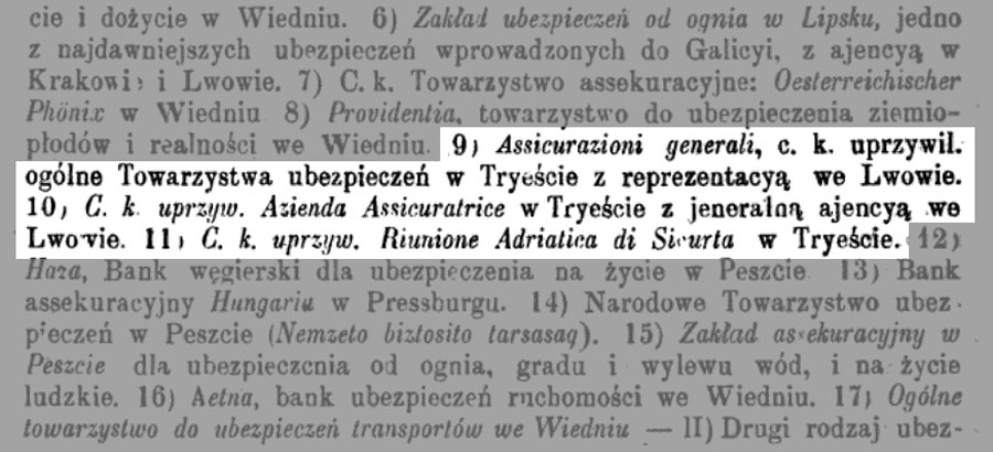 Товариства «Аціенда» і «Генералі» у списку страхових аґенцій Львова. Джерело: Encyklopedya do krajoznawstwa Galicyi