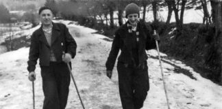 Андрій Палій та Ірина Макарушка (Пежанська) на лещетарській прогульці. КЛК, близько 1931-1938 років. З архіву Олександра Пежанського