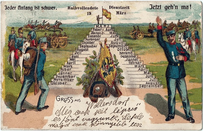 Алегорія на трирічну строкову військову службу на поштовій листівці