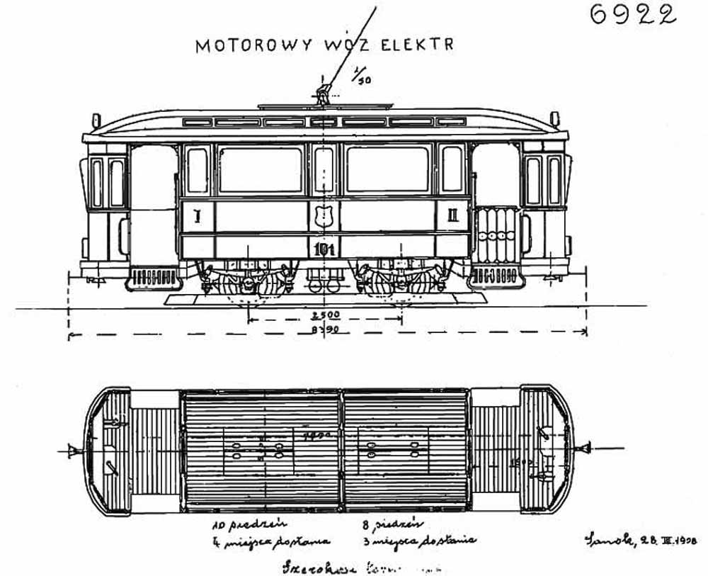 Креслення вагону «Sanok SW-1», які виготовлялися для Тарнува у 1910 – 1911 рр. У 1943 році 8 таких вагонів було передано до Львова. Із колекції заводу «Autosan»
