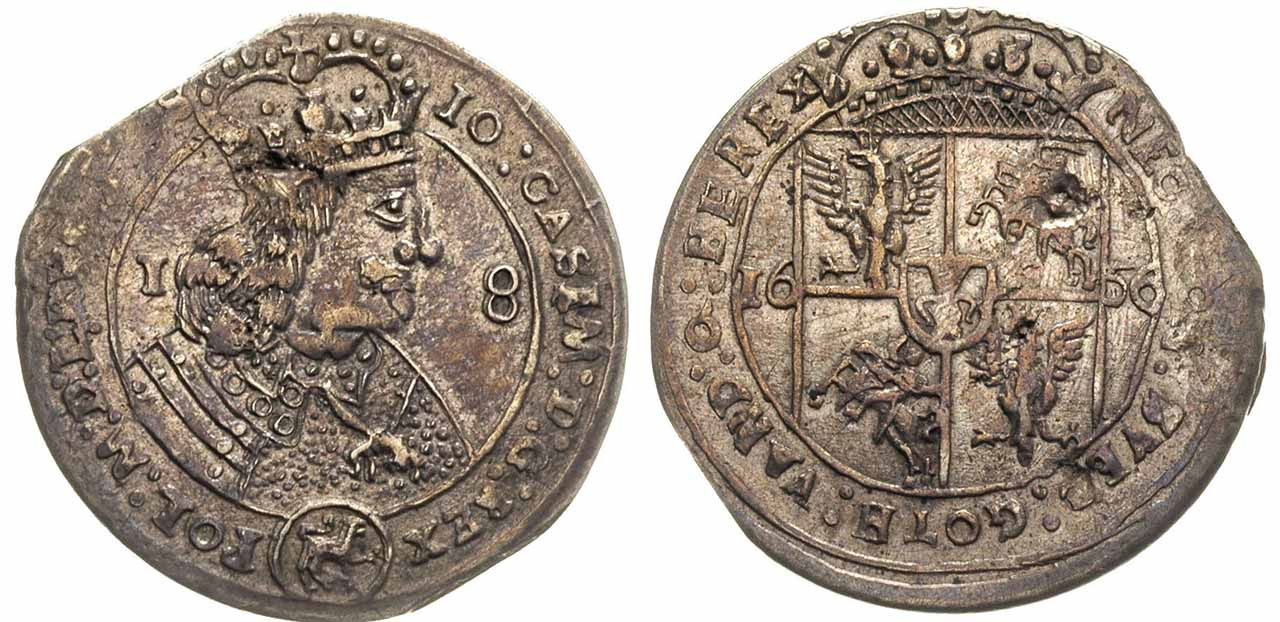 Орти Яна Казимира. На аверсі - погруддя короля в обладунках, внизу в овалі лев - герб Львова. На реверсі під короною - герб Польського Королівства та в центрі - малий щит із зображенням герба Ваза. З боків дата 16-56.