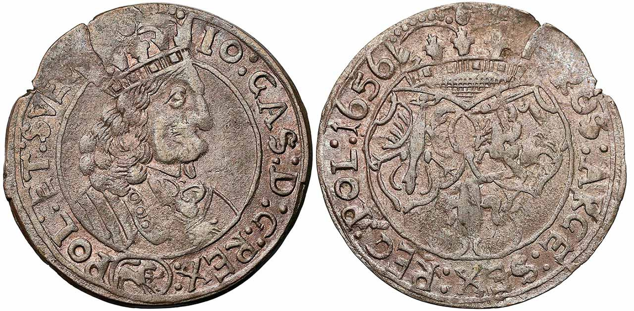 Орти Яна Казимира. На аверсі - погруддя короля в обладунках, внизу в овалі лев - герб Львова. На реверсі під короною - герб Польського Королівства та в центрі - малий щит із зображенням герба Ваза. З боків дата 16-56.
