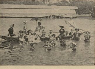 Мешканці Перемишля рятуються у ріці Сян від нестерпної спеки. Nowości Illustrowane. 1911 рік