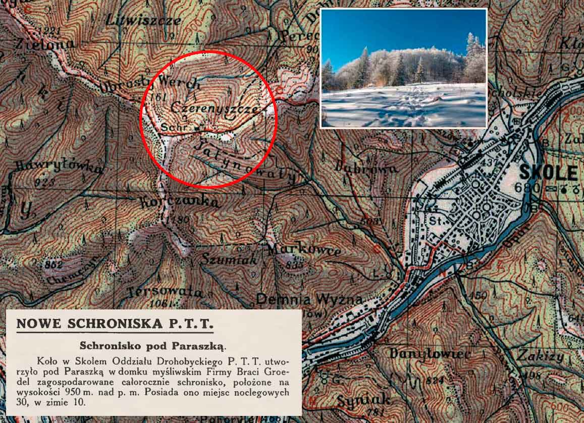 Мапа 1935 року, на якій буквами "Schr" позначено схроніско. На доданих фото - галявина Черенище і оголошення про відкриття притулку.