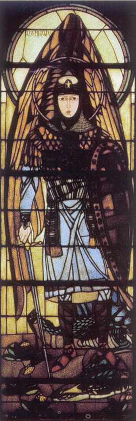 Архангел Михаїл. Вітраж нави Успенської церкви у с.Мражниця. Джерело: Грималюк Р. Вітражі Львова кінця XIX – початку XX століття. – Льв.: 2004 р., с. 158.