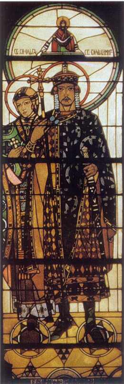 олодимир і Ольга. Вітраж нави Успенської церкви у с. Мражниця. Джерело: Грималюк Р. Вітражі Львова кінця XIX – початку XX століття. – Льв.: 2004 р., с. 159.