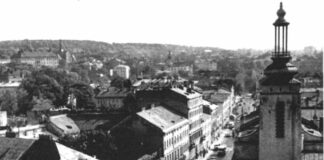 Перспектива вулиці Личаківської. На світлині видно трамвайні поїзди із вагонів «Tatra T4SU» на пл. Митній. Автор фото Т.А. Никифорук. Кінець 1980-х рр.